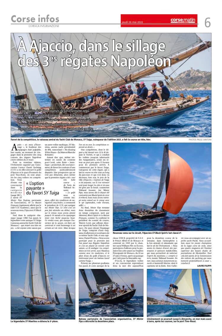 Revue de presse 3ème Régates Napoléon du 24 au 29 mai 2022, Ajaccio Port Tino Rossi