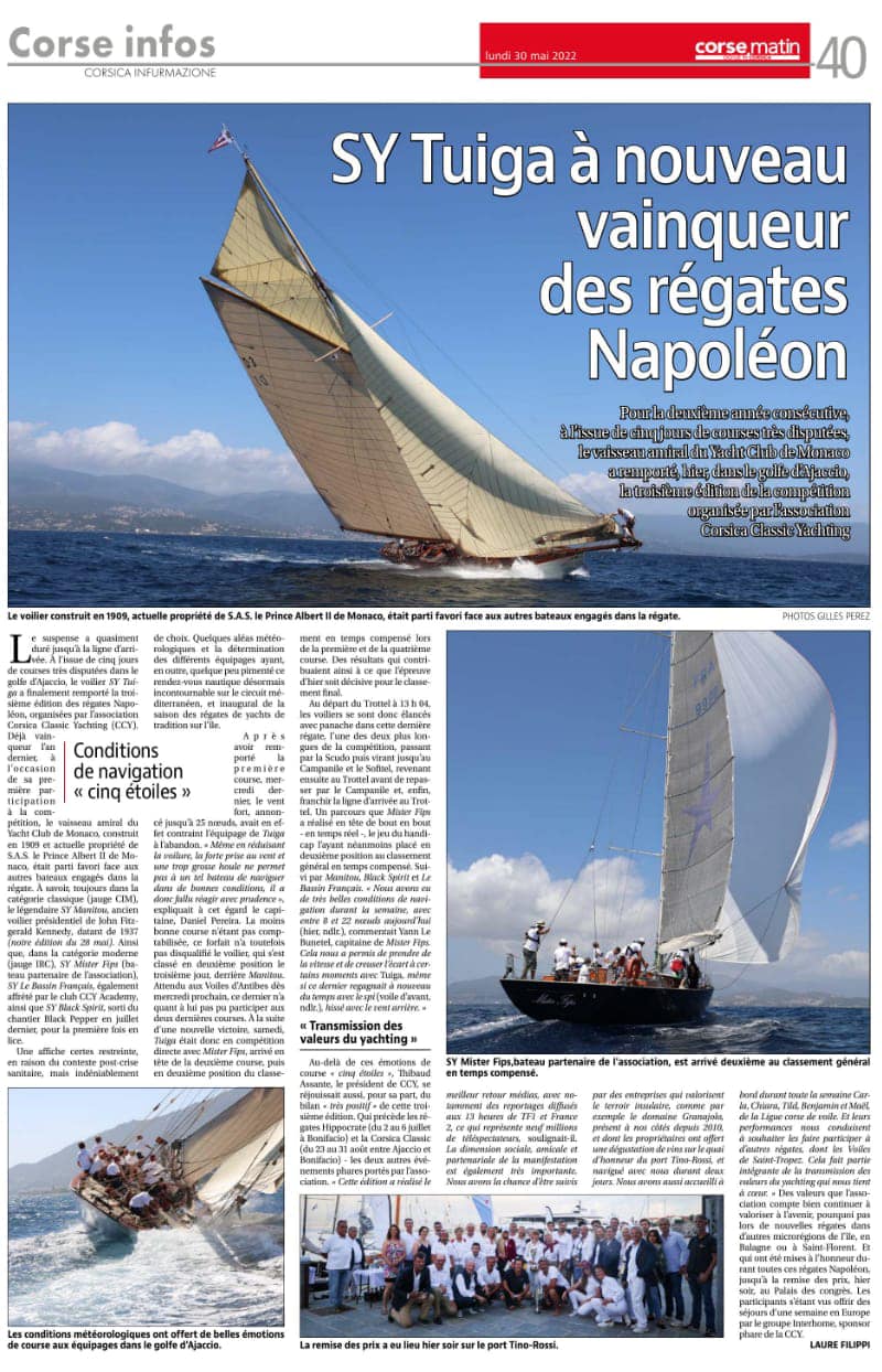 Revue de presse 3ème Régates Napoléon du 24 au 29 mai 2022, Ajaccio Port Tino Rossi