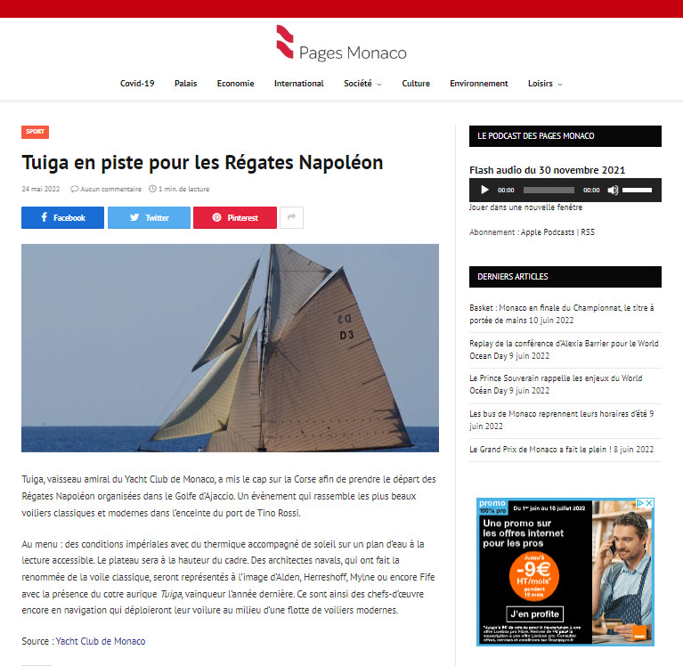 Revue de presse 3ème Régates Napoléon du 24 au 29 mai 2022, Ajaccio Port Tino Rossi