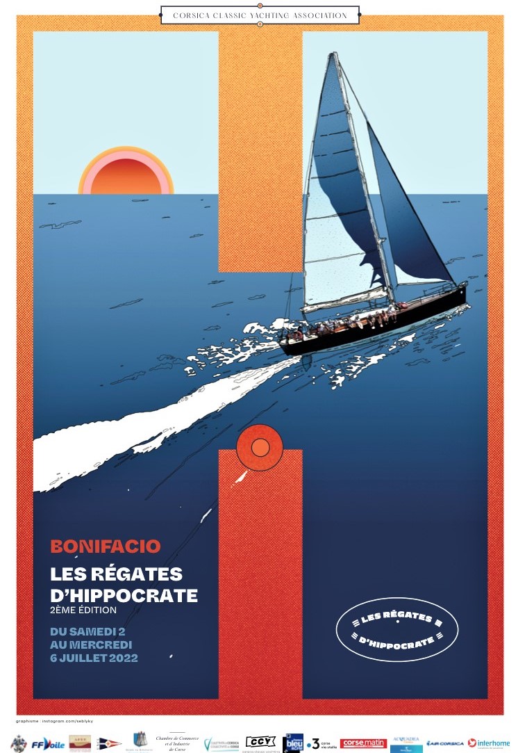 Affiche 2ème édition des Régates d'Hippocrate Bonifacio design by Seb Lyky, SY Mister Fips RH 2021 photo Arnaud Guilbert DR
