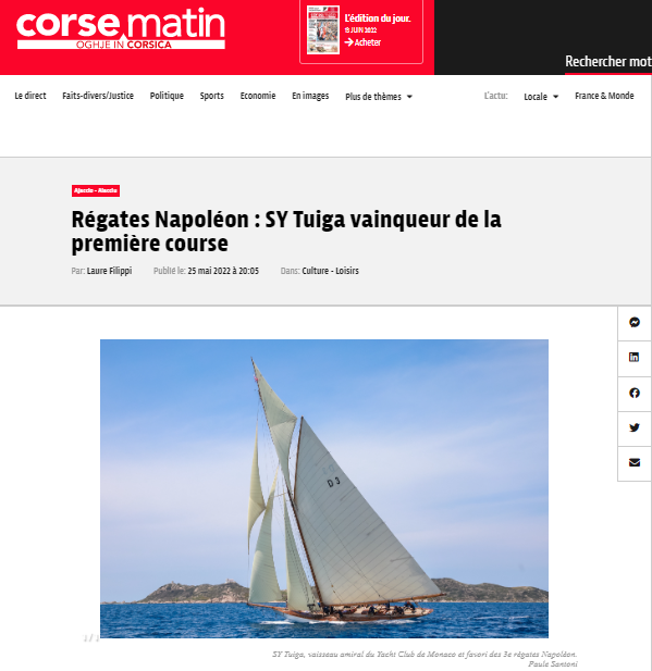 Revue de presse 3ème Régates Napoléon du 24 au 29 mai 2022, Ajaccio Port Tino Rossi