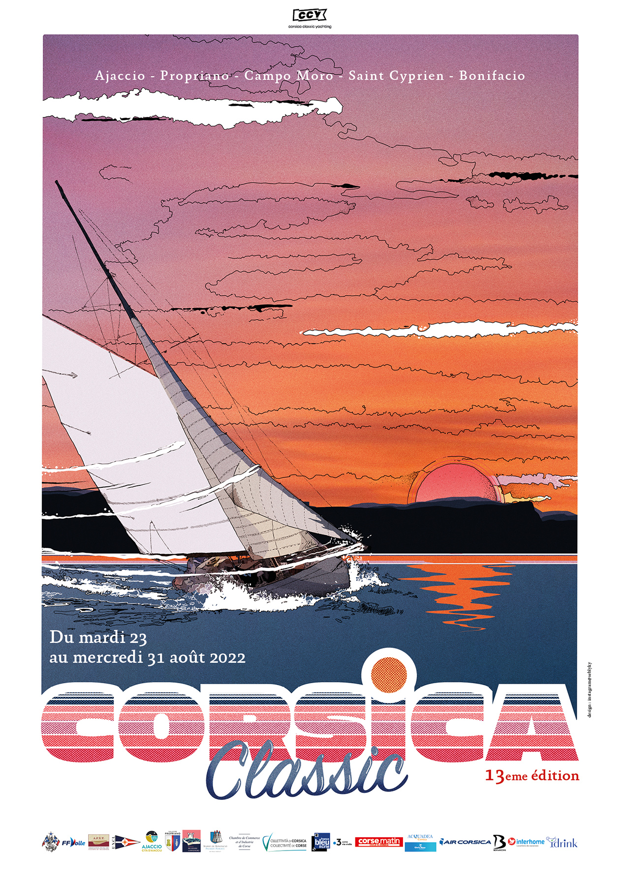 Affiche Corsica Classic 2022 design by Seb Lyky Corsica Classic 2021 SY Vistona ligne d'arrivé Bonifacio photo Thibaud Assante DR